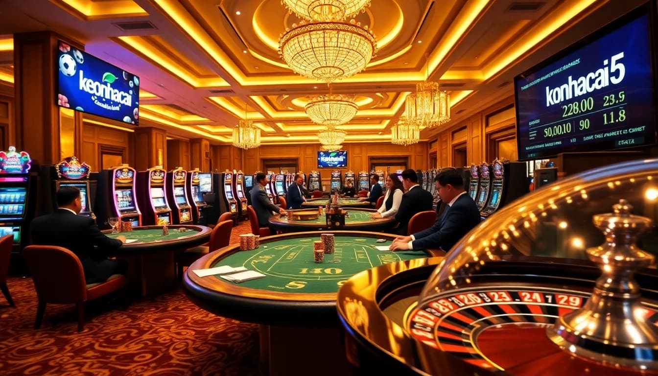 Engaging gambling scene featuring keonhacai5 logo amidst poker tables, roulette wheels, and vibrant betting slips.