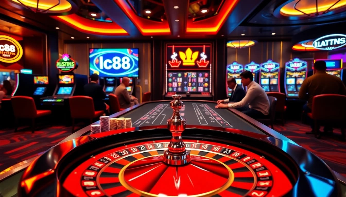 Experience the excitement of lc88 casino with players engaging in high-stakes betting at a luxurious gaming table.