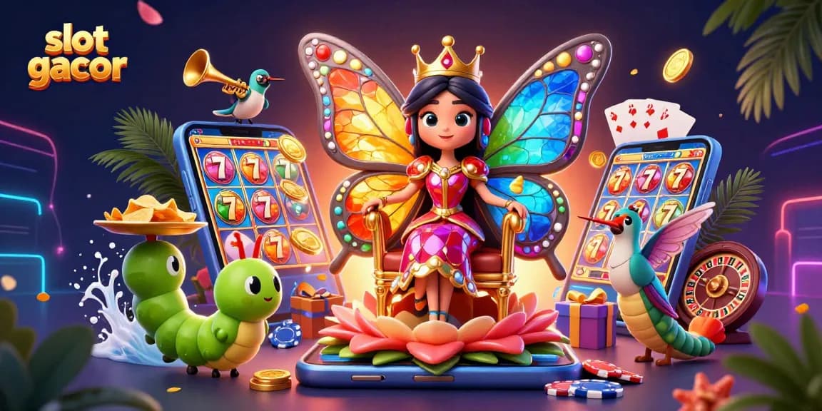 Engage with slot gacor through vibrant 3D casino elements featuring a butterfly queen and colorful game displays.