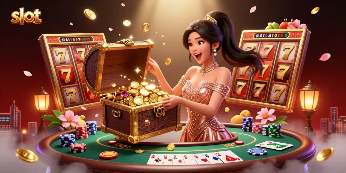 Experience thrilling slot gameplay action with jackpot symbols and colorful coins in this vibrant illustration.