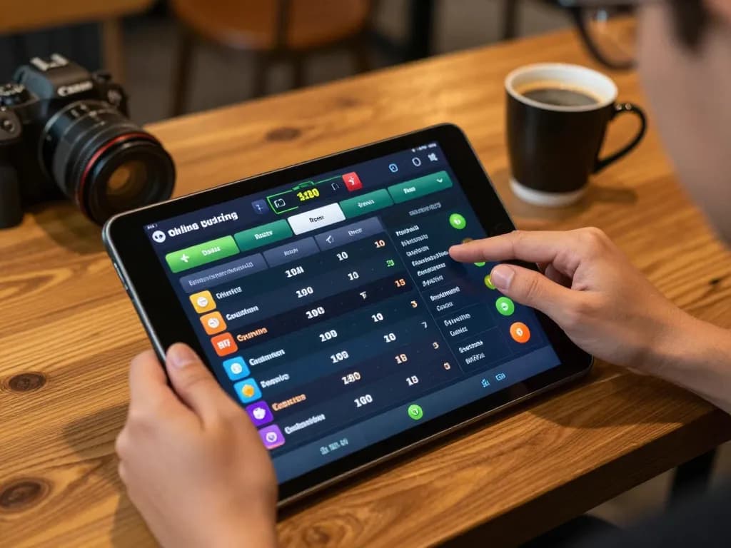 Engaging with okfun's online sports betting features on a tablet in a cozy coffee shop.