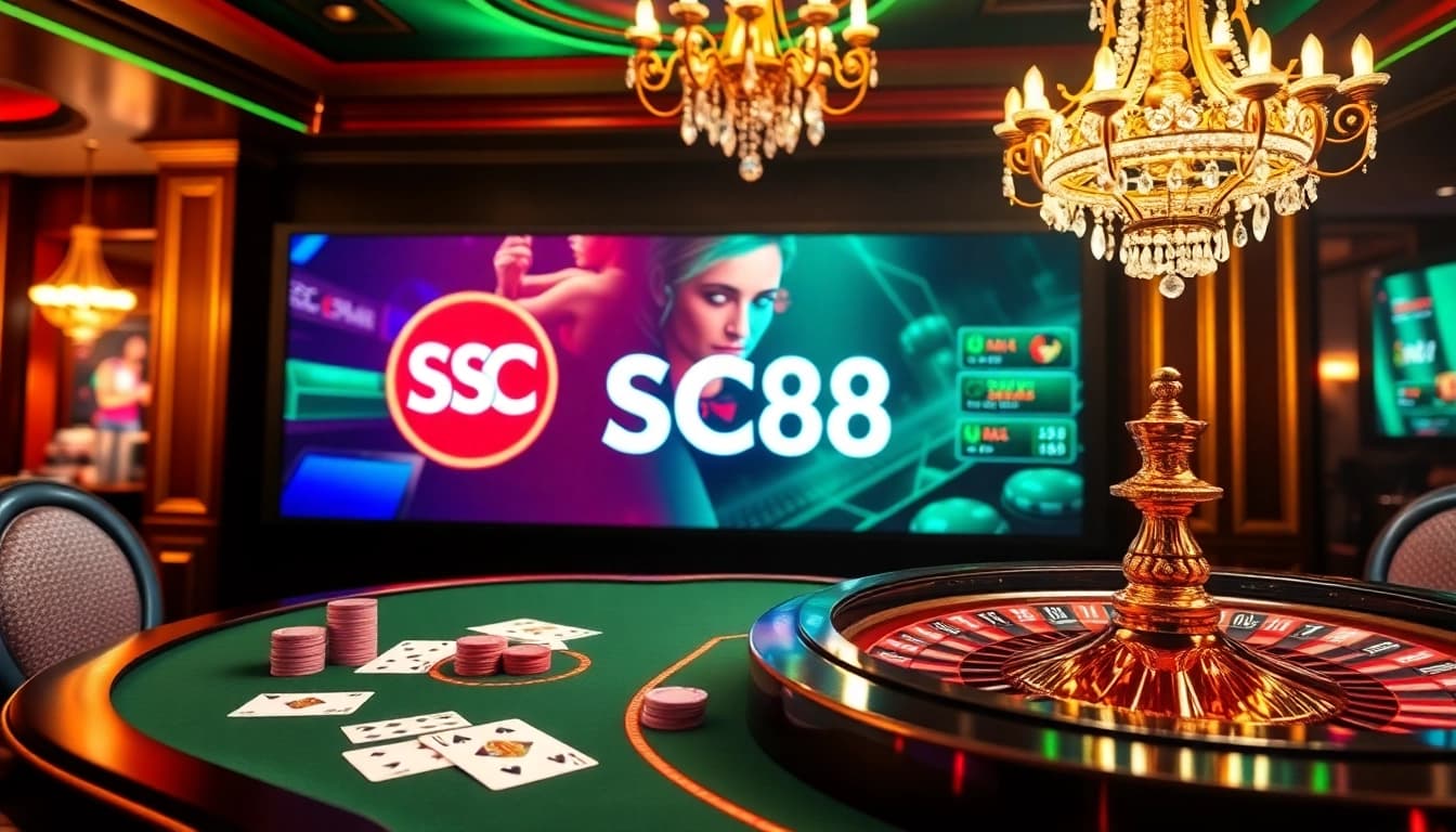 Experience the excitement of Trang cược SC88 with poker tables, chips, and a luxury casino ambiance.