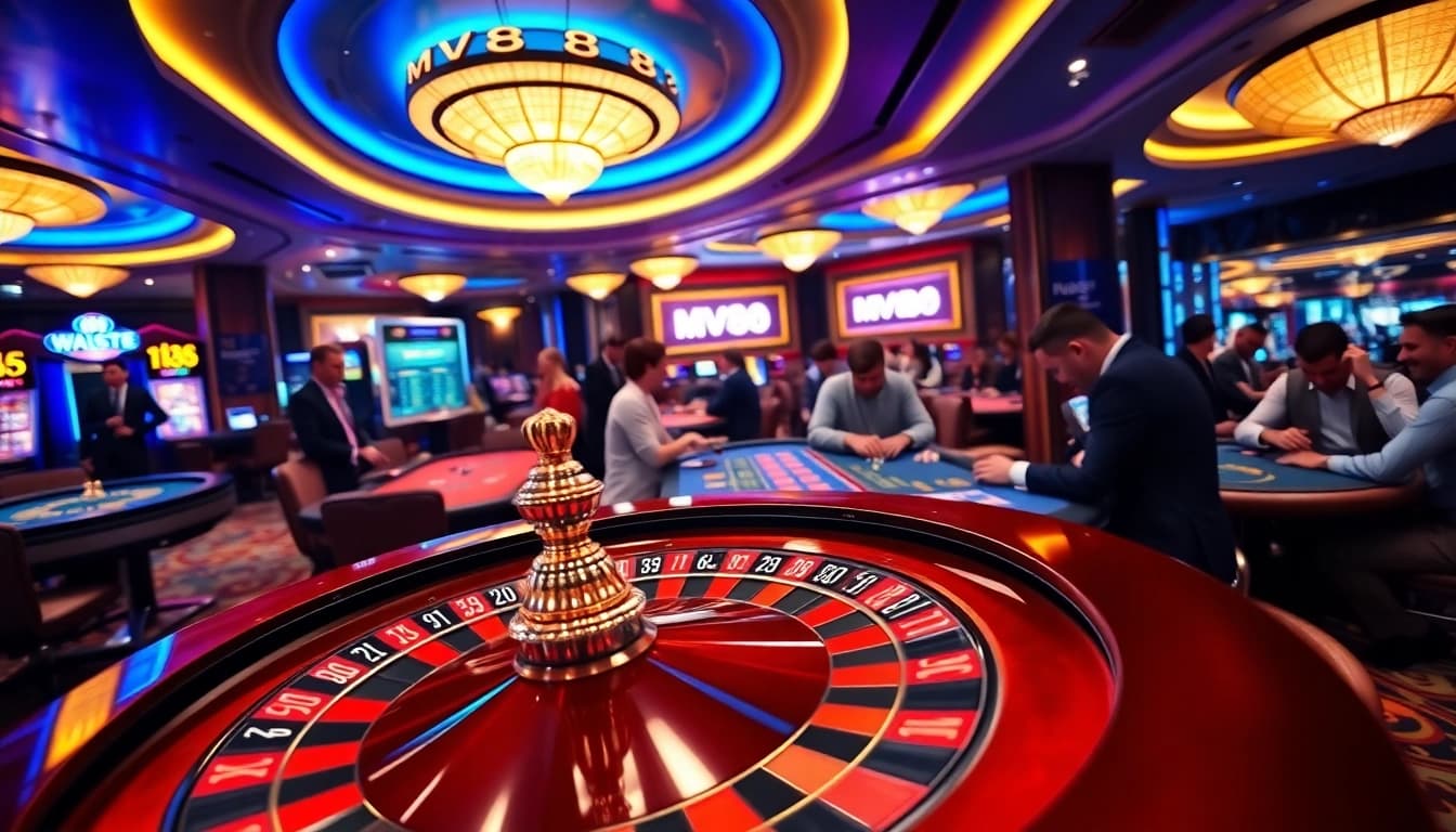 Experience the excitement at the MV88 casino with players enjoying thrilling games and roulette.