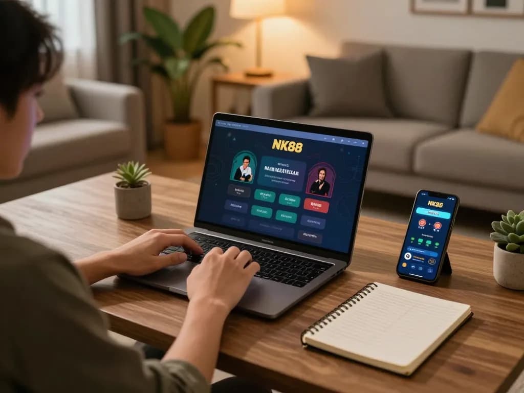 Engaging with NK88 online app while tracking bets in a cozy home gaming environment.