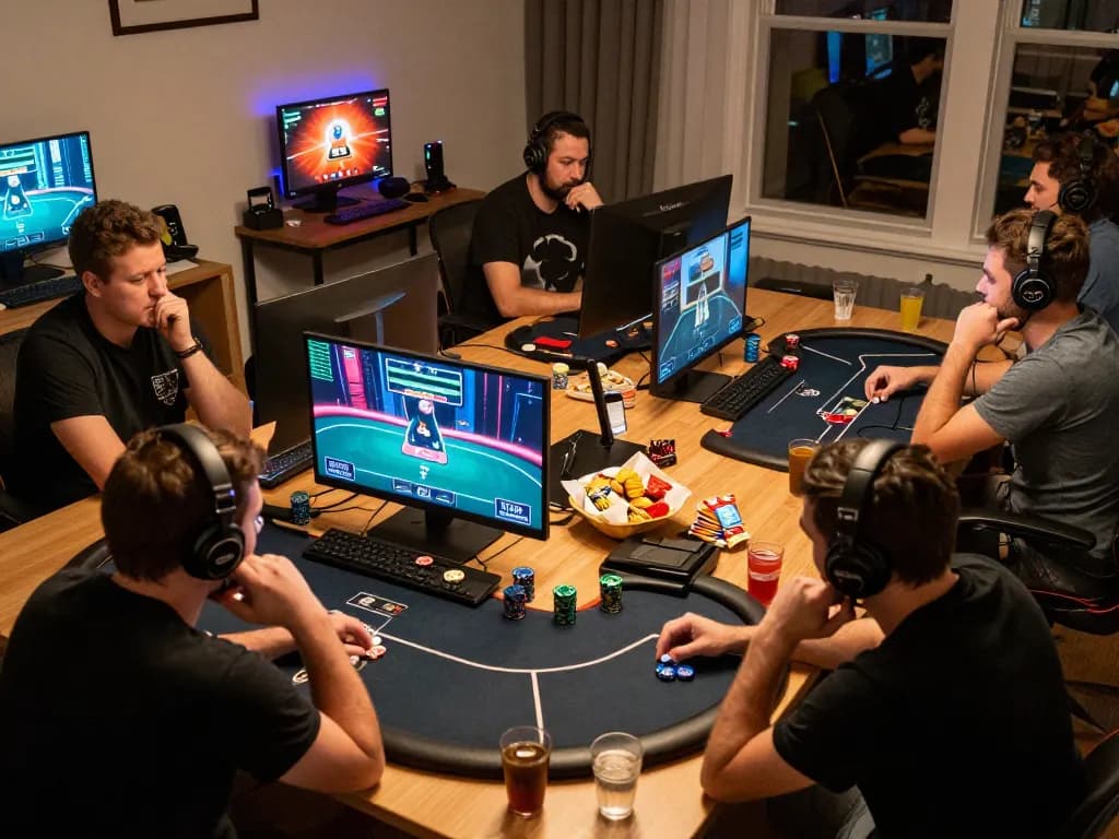 Players strategizing and enjoying poker games online at Fokus77 home setup