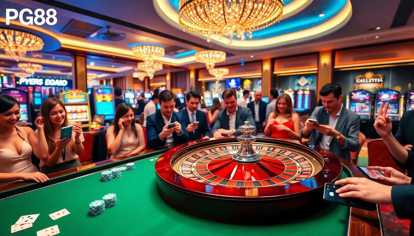 Gamblers enjoying a thrilling PG88 casino experience with roulette and poker tables.
