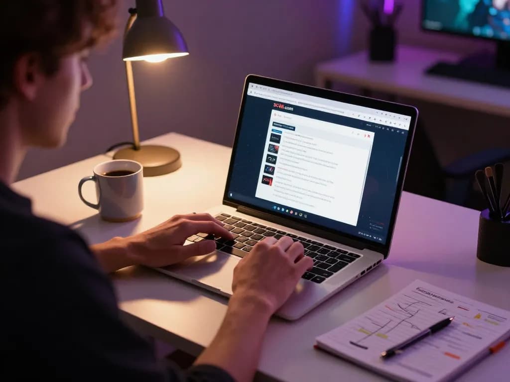 Engaged player using laptop on SC88.com for online casino gaming, showcasing strategy notes.