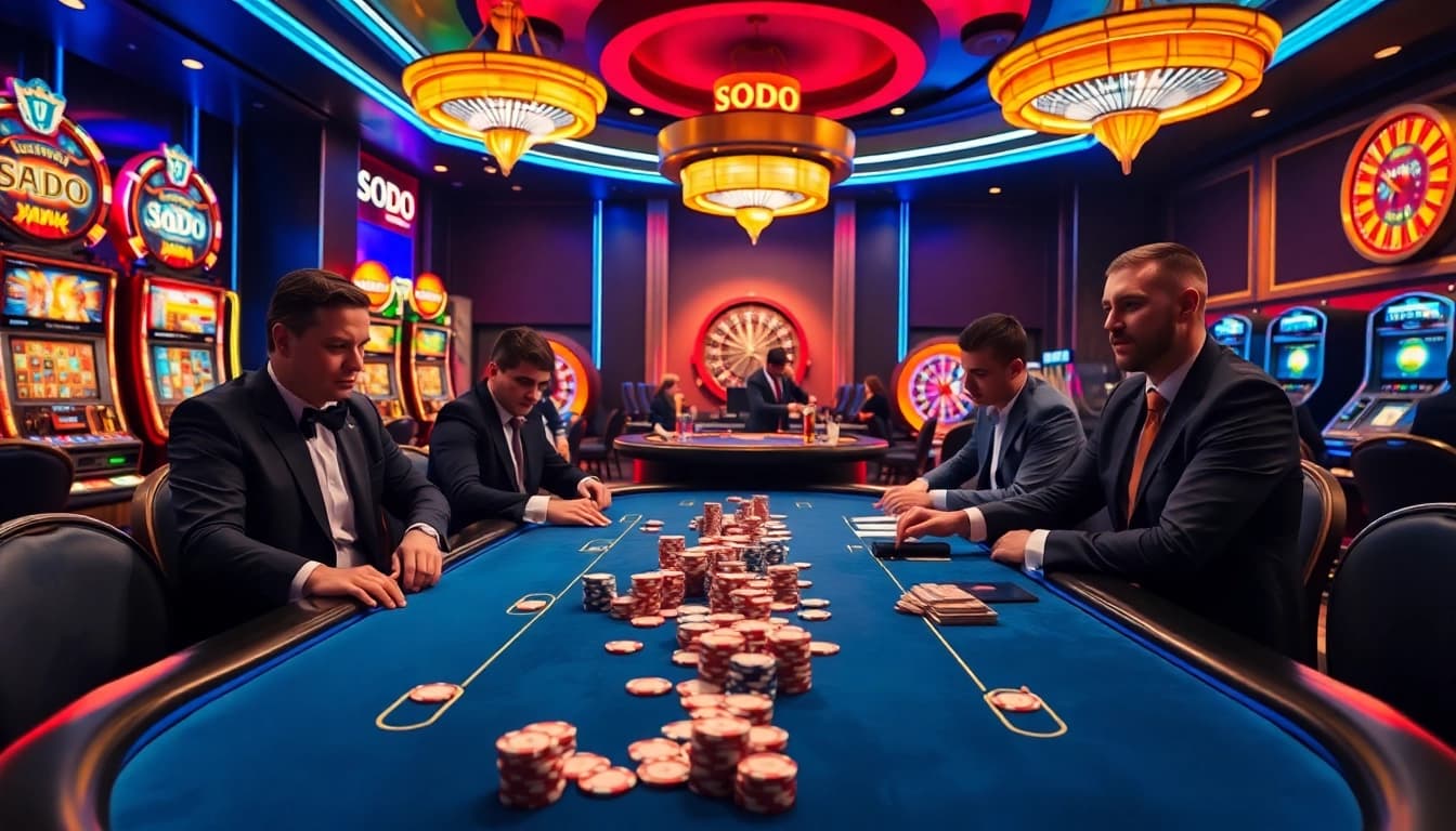 SODO casino scene featuring players at a poker table, vibrant ambiance, and thrilling gambling activities.