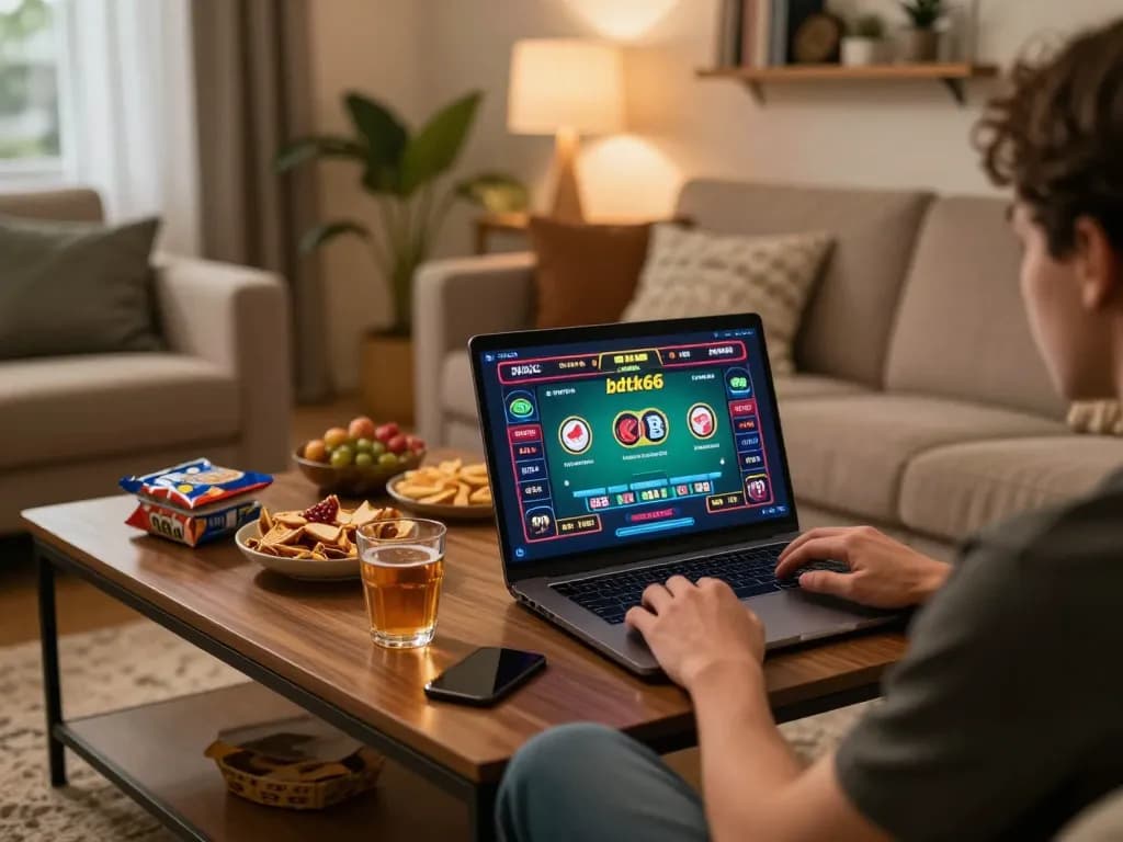 Engaging with the bdtk66 online casino on a sleek laptop at home for strategic gameplay.