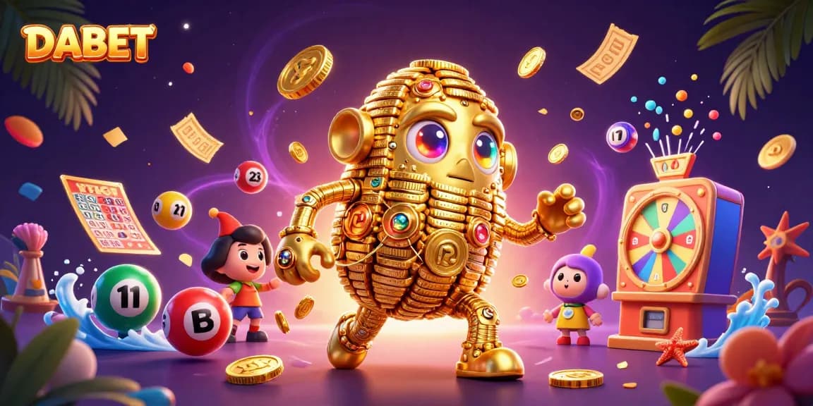 DABET engages players with a vibrant 3D golem and dynamic lottery elements in an exciting gaming scene.