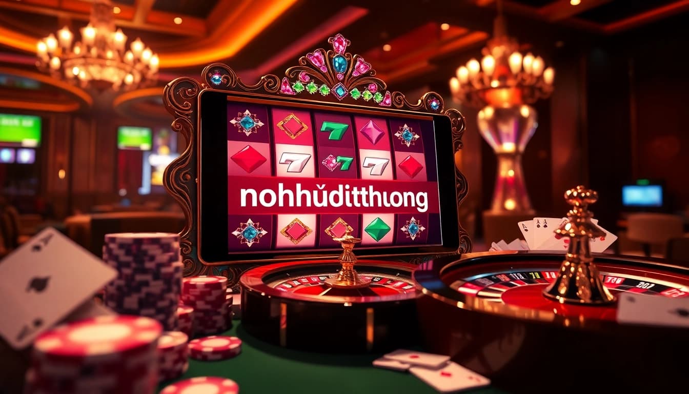 Nohudoithuong slot machine surrounded by poker chips and cards in a luxurious casino setting.