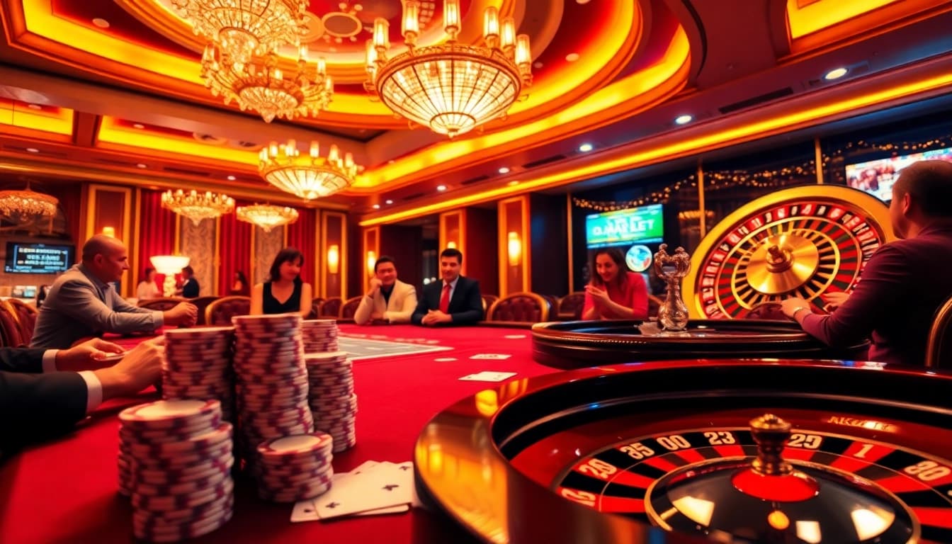 Exciting poker game at a casino inspired by https://nhacaiuytinvn.us.com/, featuring vibrant chips and illuminated roulette.