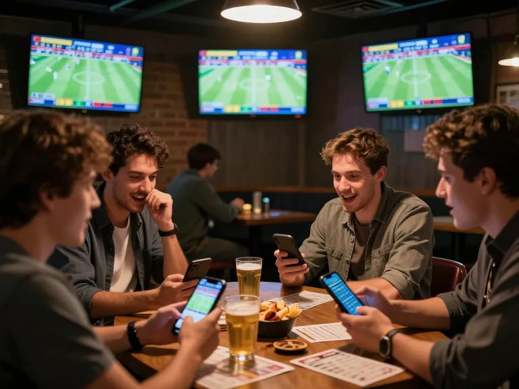 Friends enjoying sports betting at a lively bar using the bong88 app to place bets.