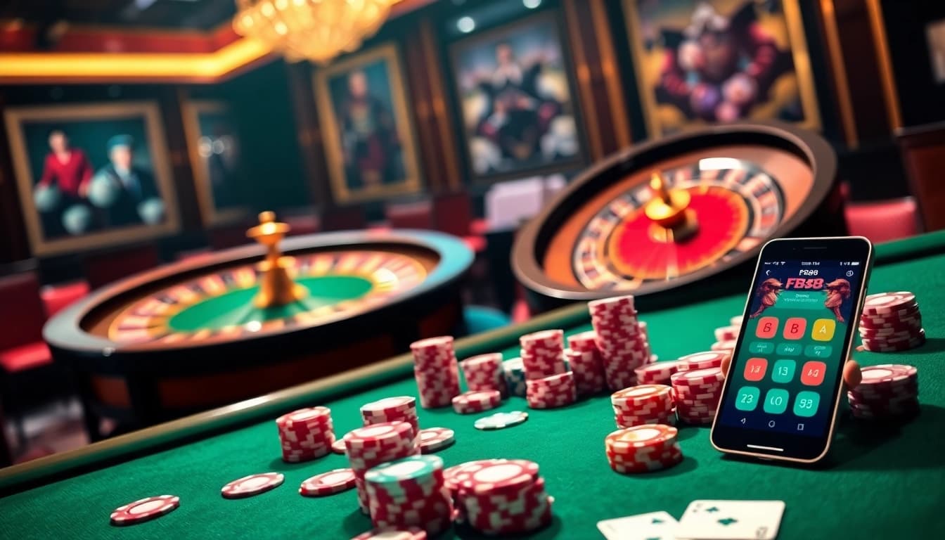 Experience thrilling gaming at FB88 with vibrant poker chips and roulette excitement.