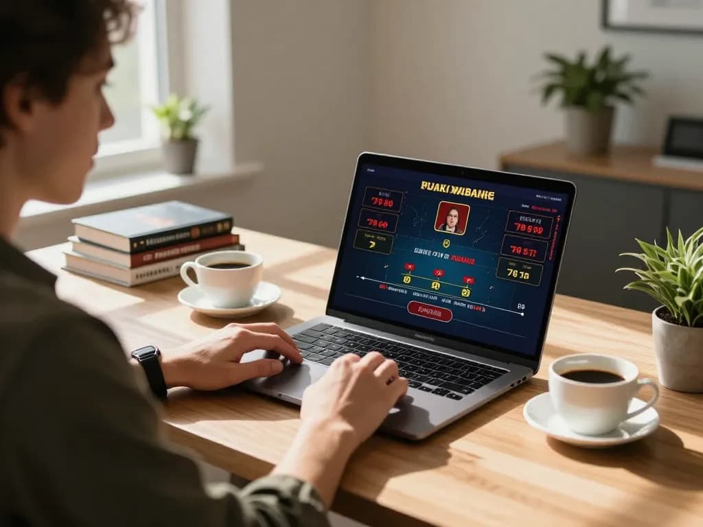 Engaged user at a desk playing online casino games on laptop, showcasing 88new đối tác opportunities.