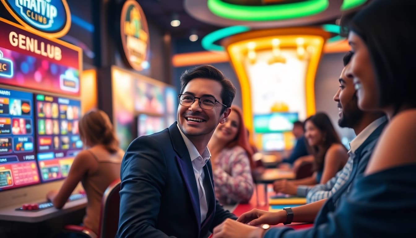 Nhatvip Club vibrant gaming scene with players enjoying online casino games.