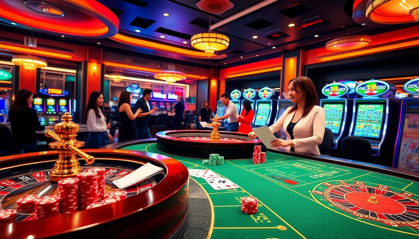 A dynamic casino scene at Nhà Cái GO88 with vibrant tables, cards, and players showing excitement.