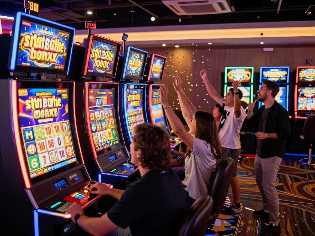 Celebrating a big win with a slot bonus at a vibrant casino filled with players.