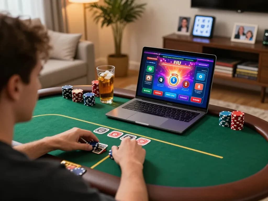 Player engaging in an online poker game on a laptop while using okfun platform, showcasing a cozy home setup.