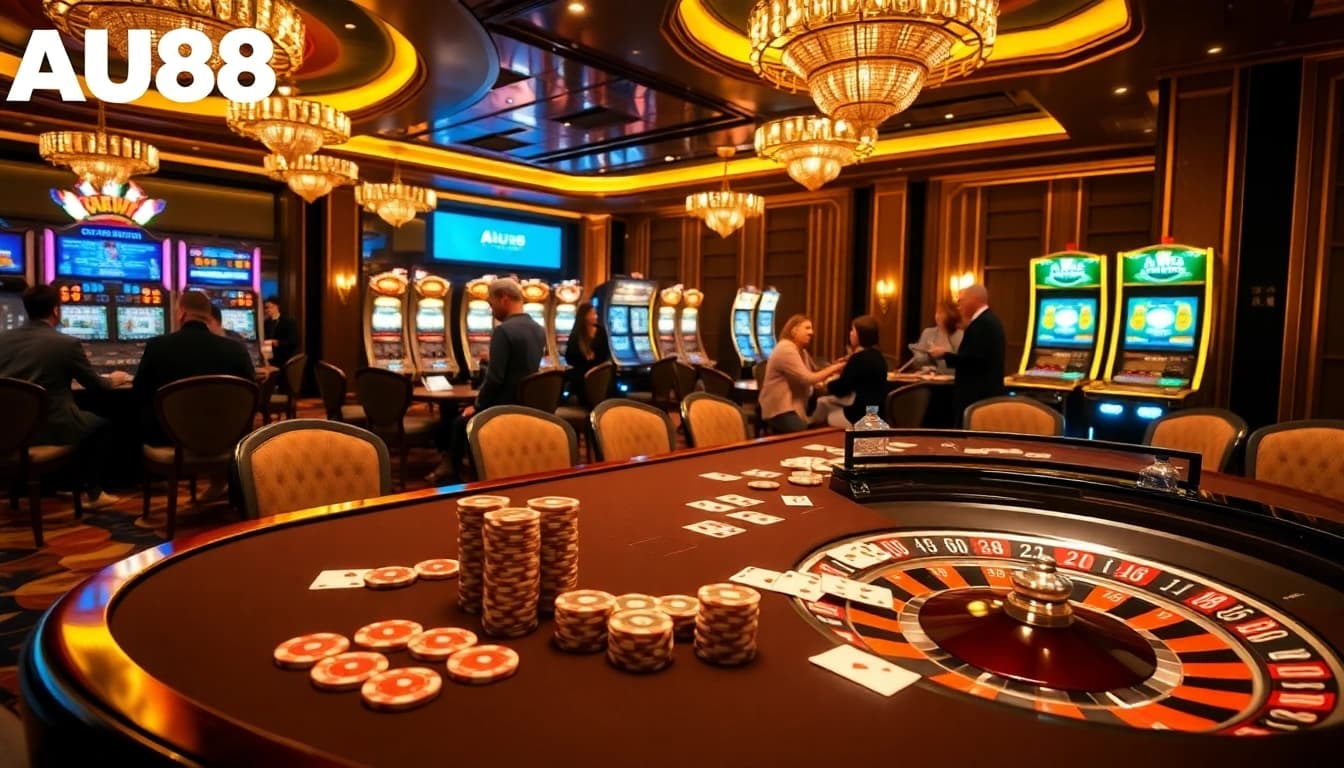Gamble at AU88 casino with vibrant poker chips and roulette wheel in an elegant setting.
