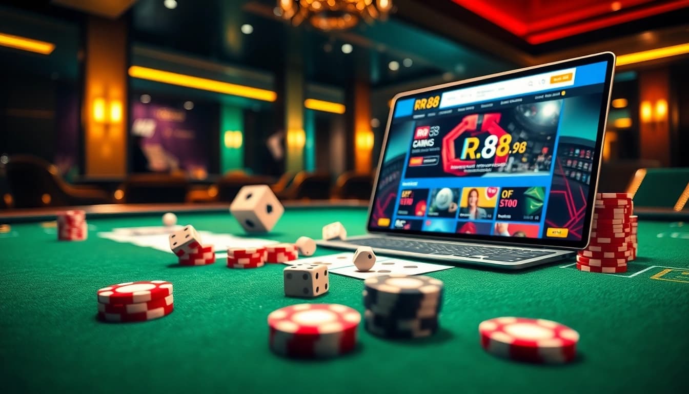 Experience RR 88 online gambling excitement with dynamic poker chips and sleek casino tables.