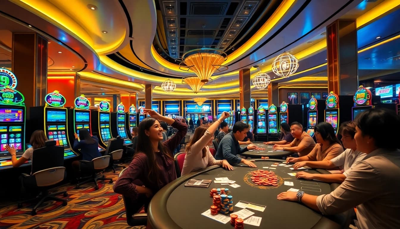 Nổ Hũ Đổi Thưởng players celebrating big wins at a luxurious casino, with vibrant slot machines and poker tables.