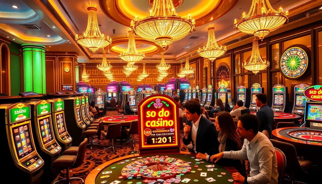 Players celebrating a win at the so do casino slot machine surrounded by vibrant chips and cards.