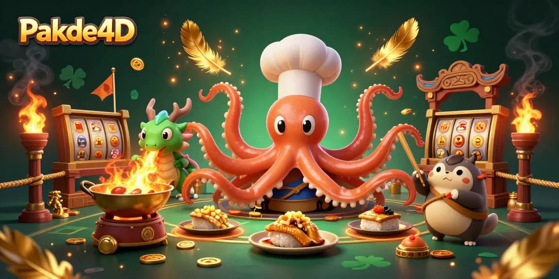Experience thrilling gameplay with Pakde4D as the cartoon octopus chef prepares gourmet dishes in a dynamic gambling scene.