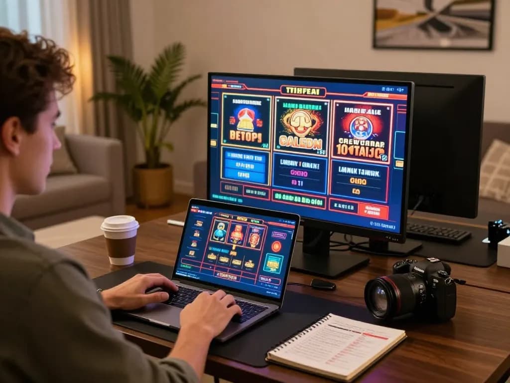Engaged player exploring trang chủ kuwin casino games on a laptop at home, showcasing a modern gaming setup.