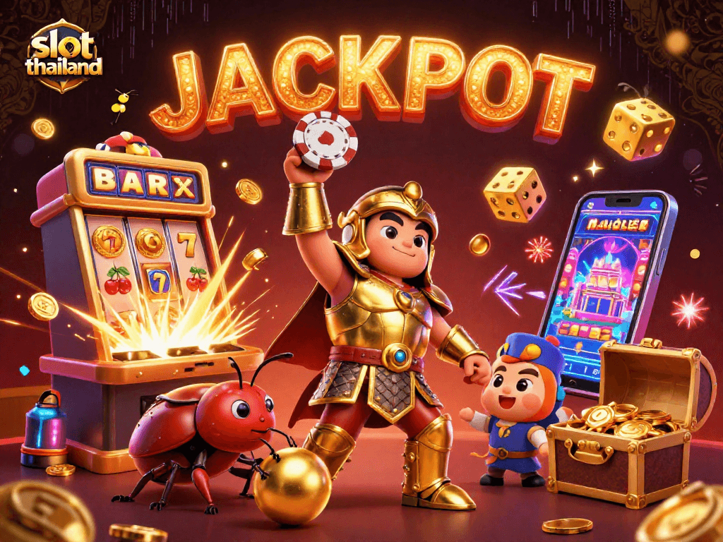 Spin the jackpot wheels with this vibrant slot thailand illustration featuring a hercules beetle in action.