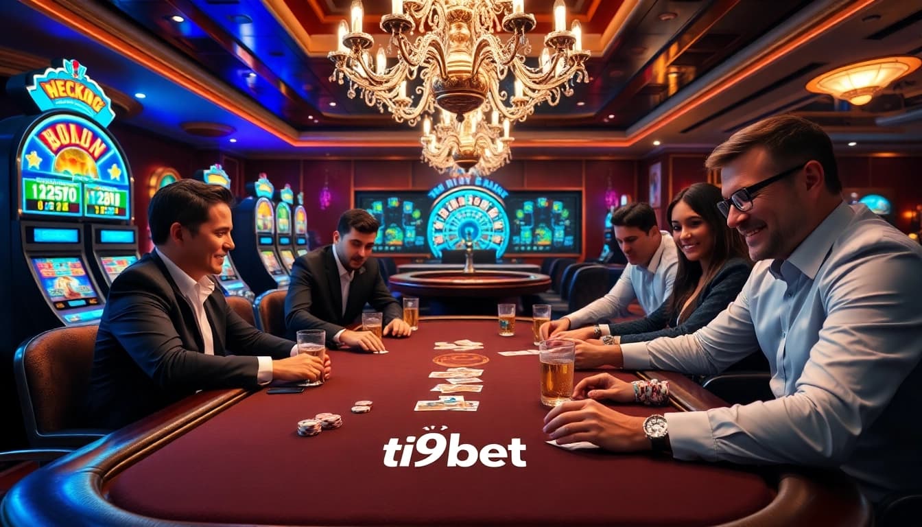 Exciting poker game action at tại i9bet with vibrant casino elements and professional players.
