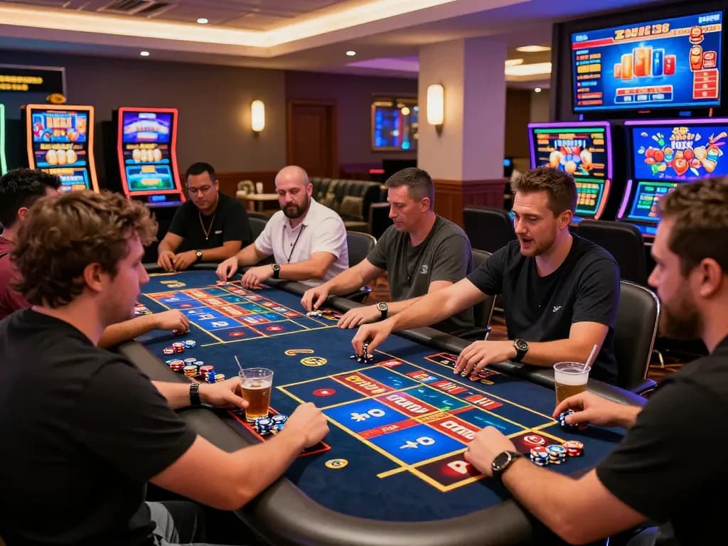 Engaged gamblers enjoying Zeus138 online slots in a lively casino atmosphere.