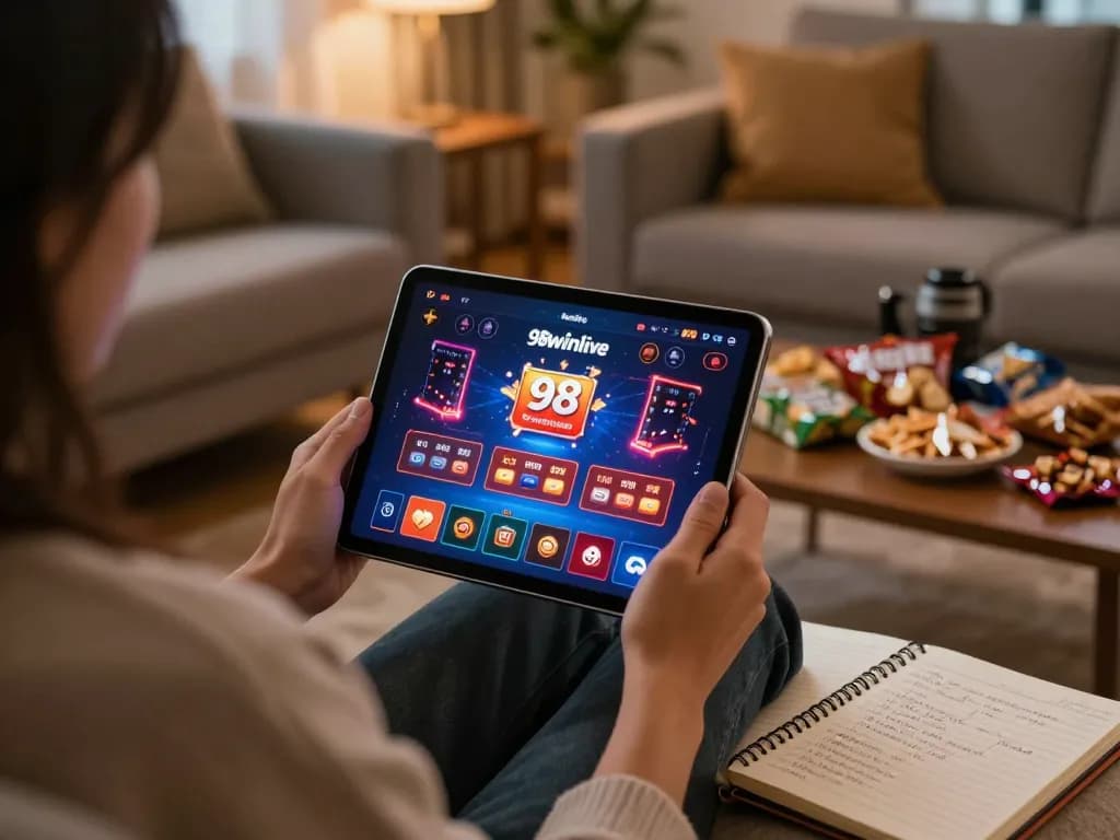 Player enjoying mobile gaming on 98winlive showing casino interface in cozy atmosphere