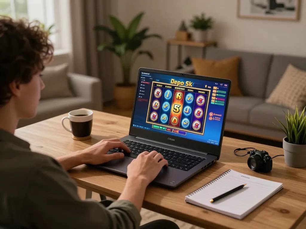 Playing slot depo 5k online, showcasing vibrant graphics on a laptop in a cozy home setting.
