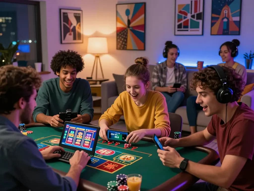 Friends enjoying Lucky win online games together in a lively living room setting