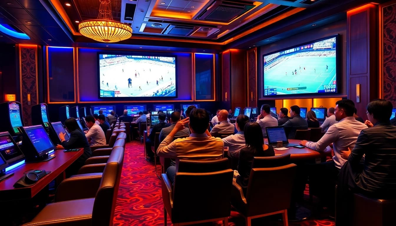 Engaged bettors in a luxurious lounge enjoying Taruhan Bola with screens displaying live football matches.
