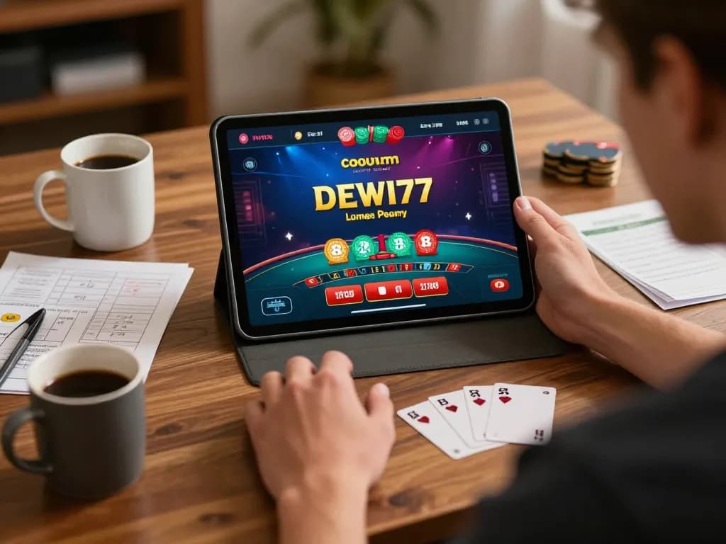Pemain menikmati aplikasi kasino online DEWI77 selama sesi permainan di rumah, fokus pada blackjack dealer langsung.