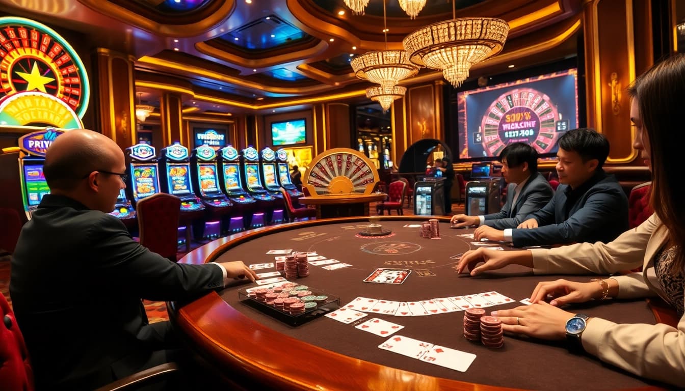 Experience the thrill of high-stakes gambling at DH 88 casino, showcasing intense poker gameplay and glamorous slot machines.