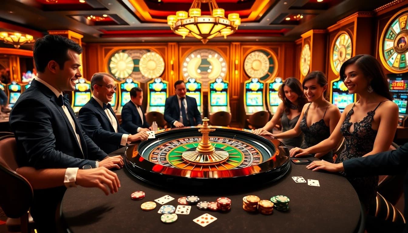 Excited gamblers betting at a luxurious casino table representing TG88 COM.