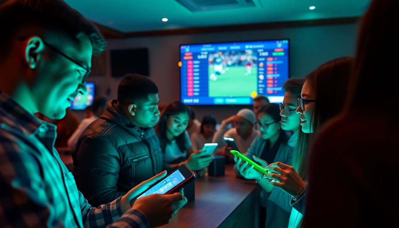 Kèo nhà cái 5: Engaged sports enthusiasts placing bets with a dynamic digital interface in a lively atmosphere.