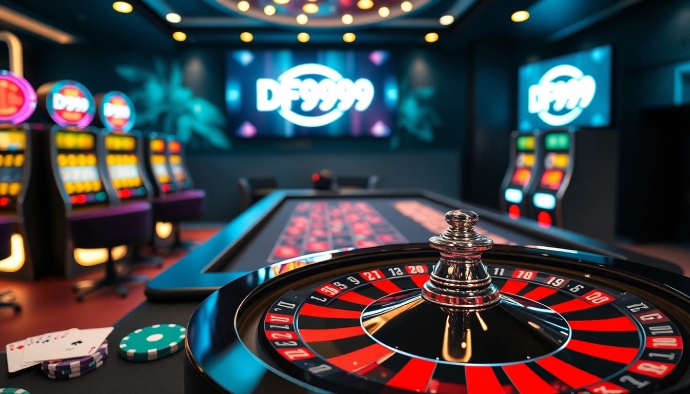 Spin the roulette wheel at DF999, a vibrant casino scene filled with poker chips and excitement.