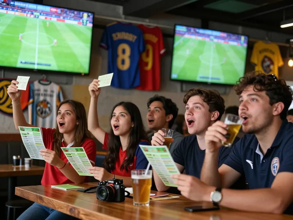 Excited fans at a sports bar watching a match, cheering and checking tỷ lệ kèo bóng đá.