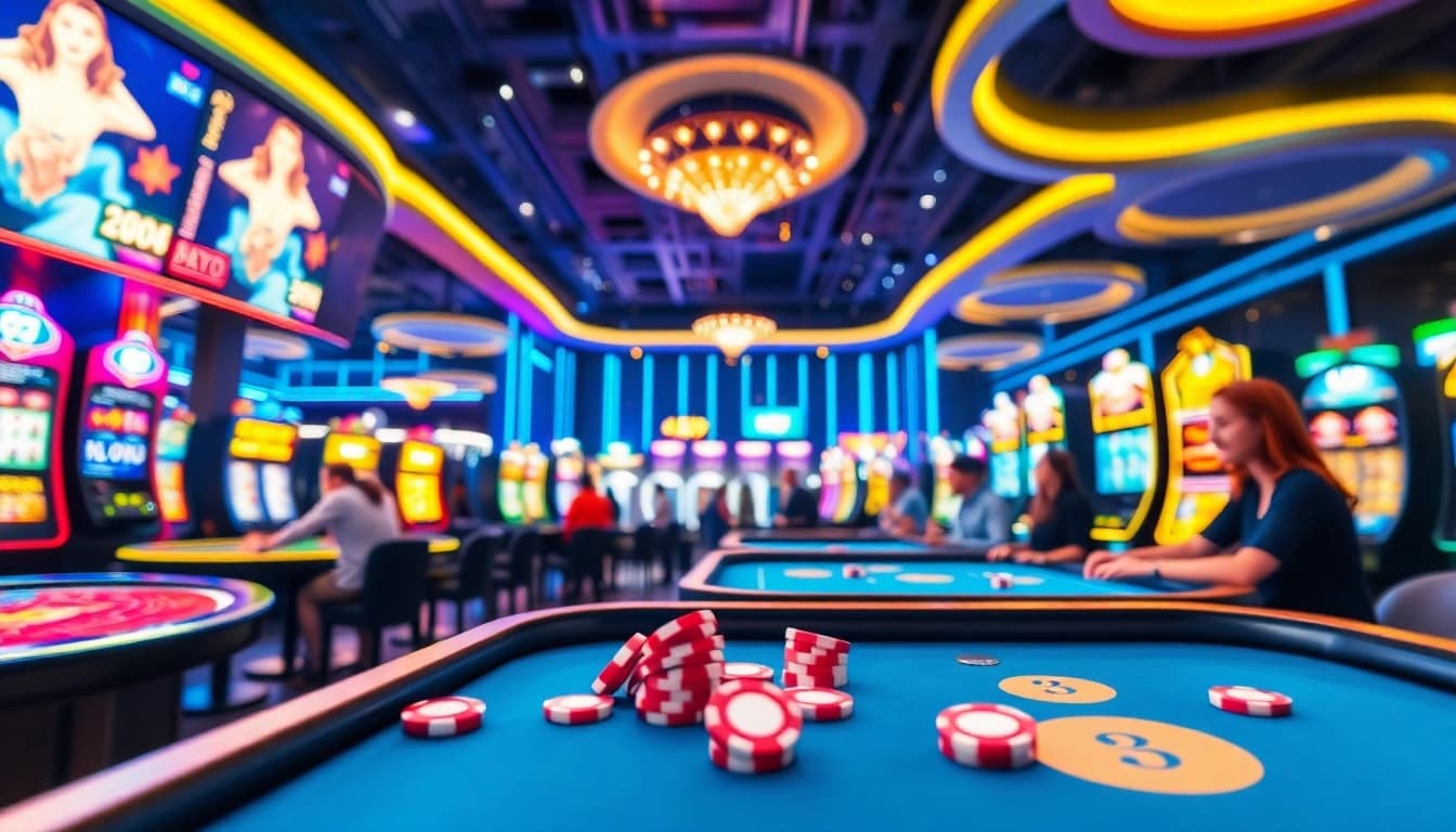Experience the excitement of DuitNow online casino with vibrant gaming tables and lively digital screens.