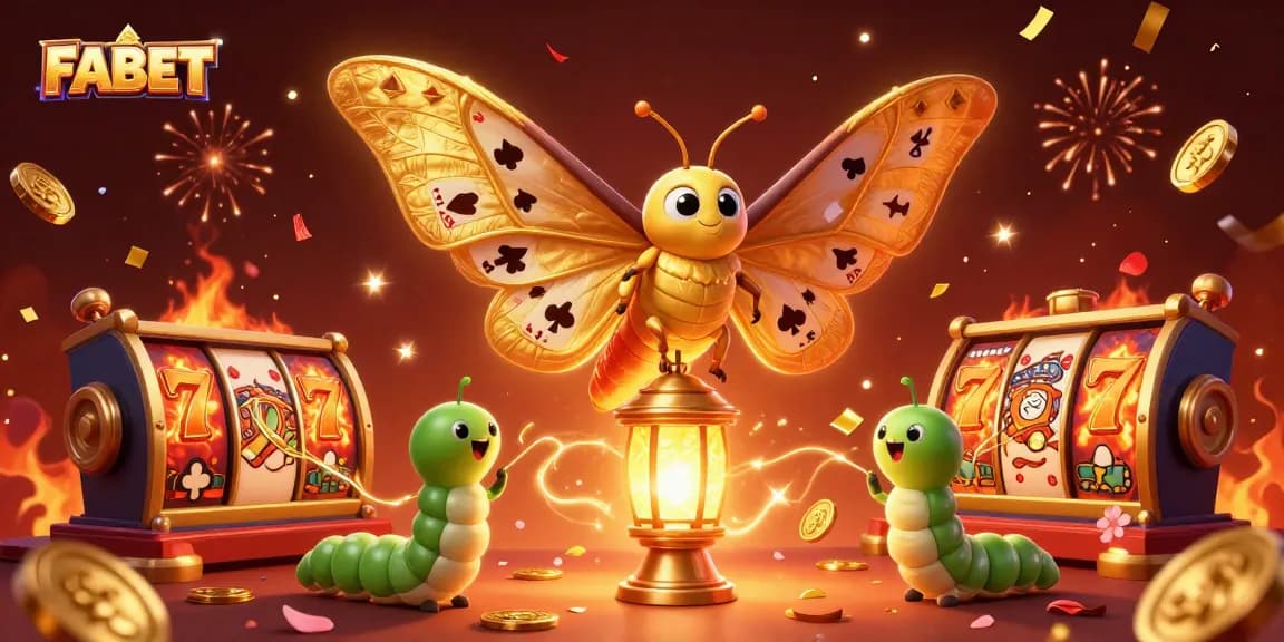 FABET’s vibrant casino scene featuring a cartoon moth, slot reels, and festive decorations.