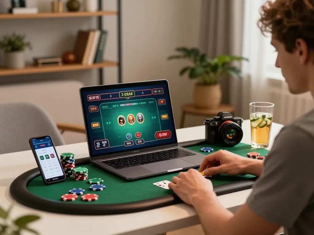 Player enjoying poker online with Tr888, engaged at a modern gaming desk setup.