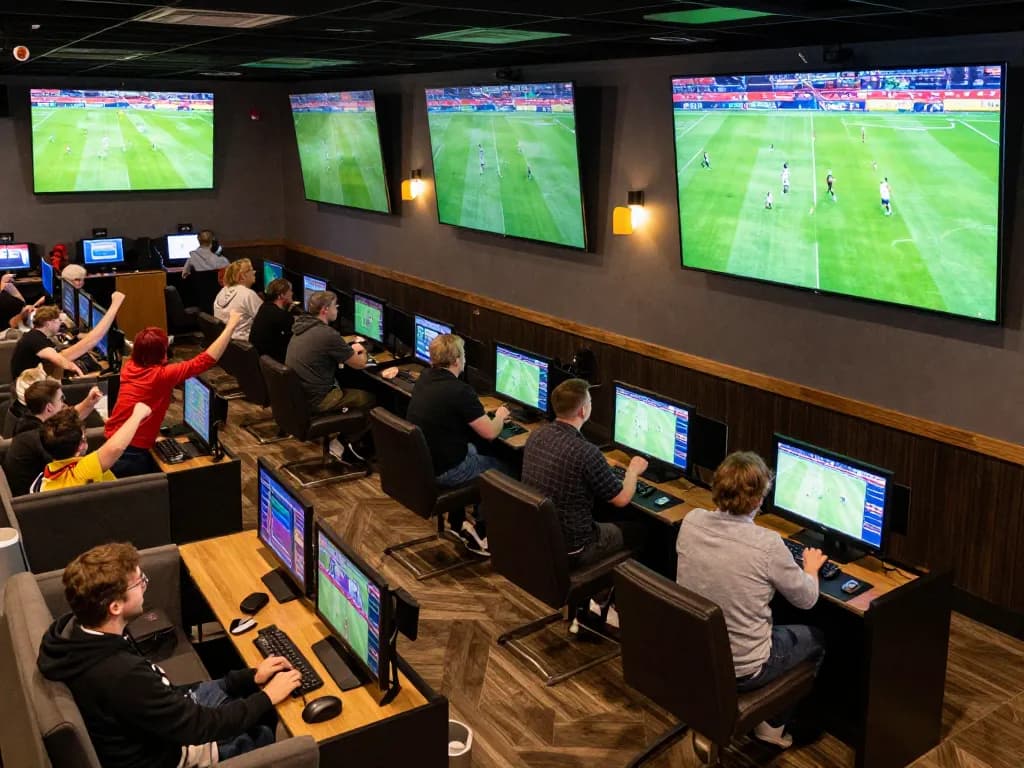 Socolive users excitedly placing sports bets while watching live matches in a vibrant lounge