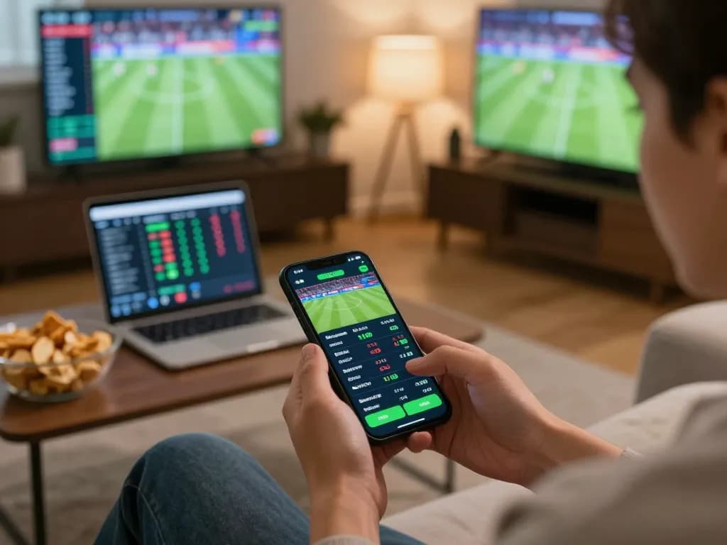 Person using smartphone for kkeonhacai sports betting in modern living room
