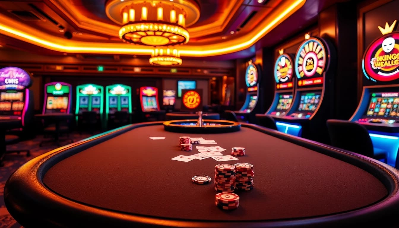 Experience exhilarating gameplay at an Okking casino, featuring poker tables and slot machines.