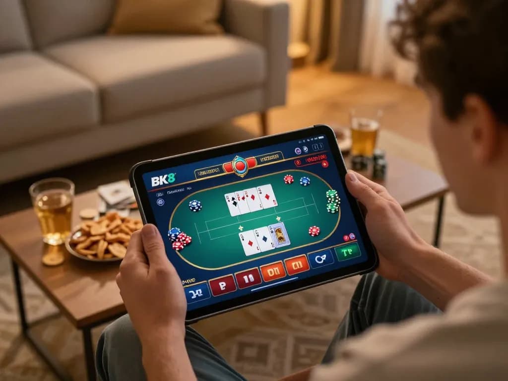 Player enjoying BK8 casino gaming on tablet, showcasing poker gameplay in a cozy home setting.