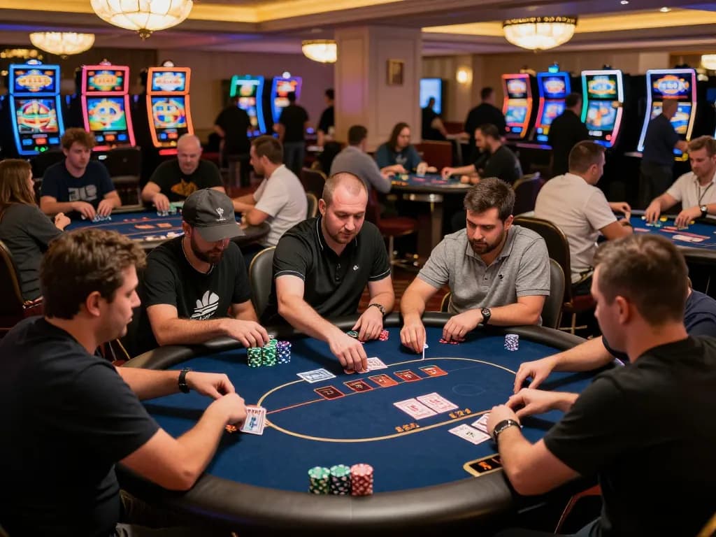 SUNWIN players strategizing at poker tables in vibrant casino atmosphere